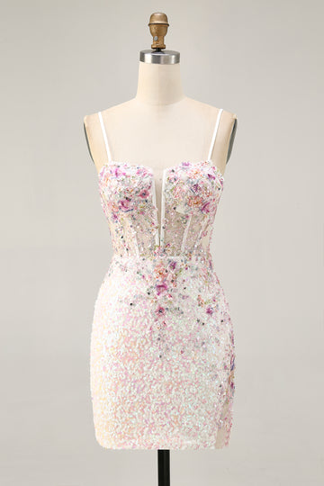Sparkly Bodycon Corset White Flower Homecoming Dress